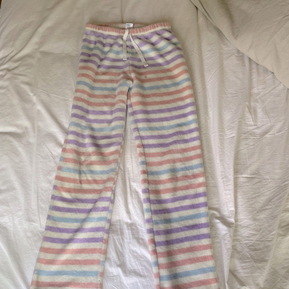 Pink, Purple, Blue and White Striped Fuzzy Pajama Pants